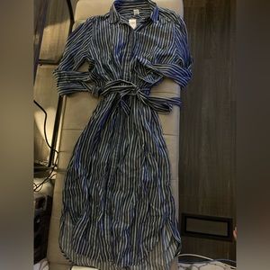 Women’s Blue & White Gap Striped Collar Long Sleeve New with Tag Tie Waist Dress